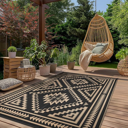GENIMO Outdoor Rug, Waterproof Plastic Rugs for Patio, 6'x9' Dark Brown | Outside Larger Modern Carpet Mat for Porch Decor, Deck, Balcony, Camping, RV, Backyard, Picnic, Beach, Reversible, Foldable