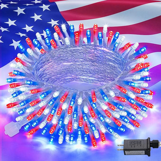 JMEXSUSS Red White and Blue Lights, 200 LED 4th of July Lights Plug in | 66FT Christmas Lights for Independence Day Celebration Party Memorial Day Patriotic Holidays Decor, Clear Wire,Connectable