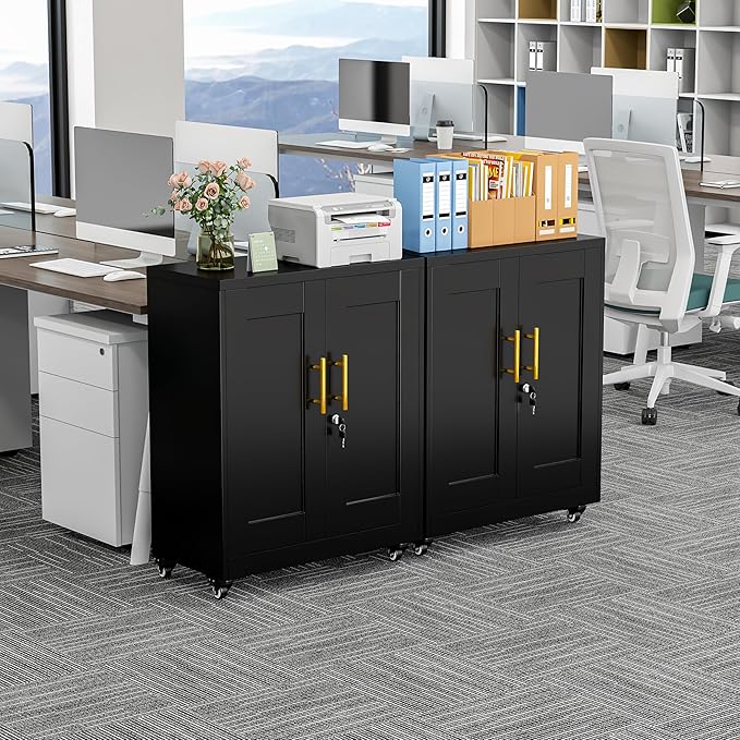 GAIOUS Metal Storage Cabinet with Lock and Wheels, Steel Tool Cabinet with 2 Door and 2 Adjustable Shelves, 35” Tall Lockable File Cabinet, Garage Cabinet, Rolling Cabinet for Home Office - Black