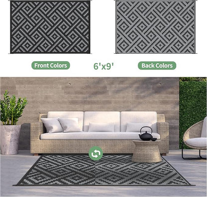 GENIMO Outdoor Rug, Waterproof Plastic Rugs for Patio, 6'x9' Black Grey | Outside Larger Modern Carpet Mat for Porch Decor, Deck, Balcony, Camping, RV, Backyard, Picnic, Beach, Reversible, Foldable
