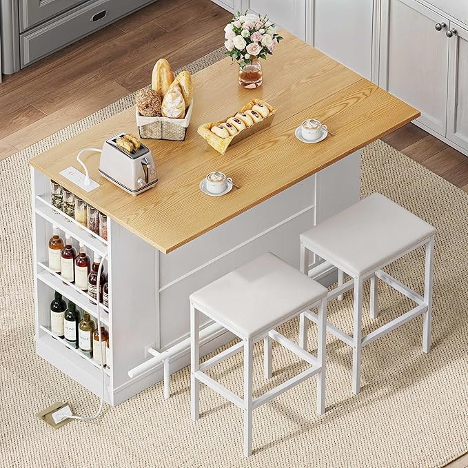 DWVO 3 PCS Kitchen Island with Drop Leaf, Mobile Storage Island with Seating, Rolling Dinning Table Set with 2 Bar Stools & Power Outlet, Bar Kitchen Cart on Wheels, Footrest & Spice Rack, White Oak