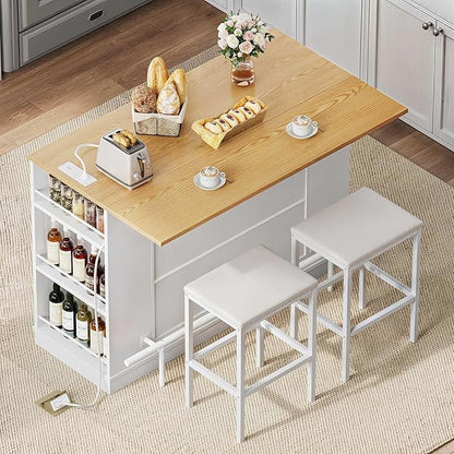 DWVO 3 PCS Kitchen Island with Drop Leaf, Mobile Storage Island with Seating, Rolling Dinning Table Set with 2 Bar Stools & Power Outlet, Bar Kitchen Cart on Wheels, Footrest & Spice Rack, White Oak