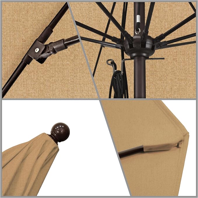 California Umbrella 11' Round Aluminum/Fiberglass Umbrella, Pulley Lift, Bronze Pole, Sunbrella Linen Sesame