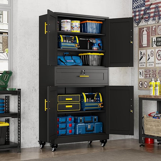 winiowa 71" Tall Metal Garage Storage Cabinet with Wheels and Locking Doors, Locking Rolling Tool Cabinet with Drawer and 3 Adjustable Shelves for Garage,Home,Office (Black)