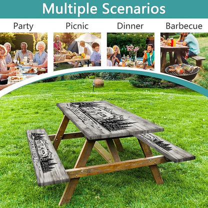 RV Forest Mountain Picnic Table Cover with Bench Covers, Camping Essentials, Elastic Fitted Tablecloths for 6 FT Rectangle Tables, Washable 3PCS Patio Tablecloth for Indoor Outdoor Garden, 30x60 Inch