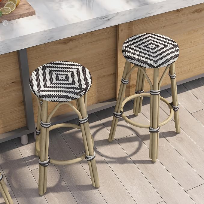 Seadrift Boho 26-inch Aluminum and All-Weather Wicker Barstools with Footrest, Patio Stools & Bar Chairs for Outdoor, Kitchen Counter, Poolside, Yard, Set of 2, Dark Brown and Beige