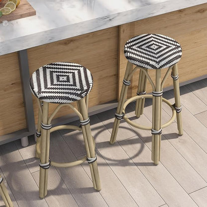 Seadrift Boho 26-inch Aluminum and All-Weather Wicker Barstools with Footrest, Patio Stools & Bar Chairs for Outdoor, Kitchen Counter, Poolside, Yard, Set of 2, Dark Brown and Beige