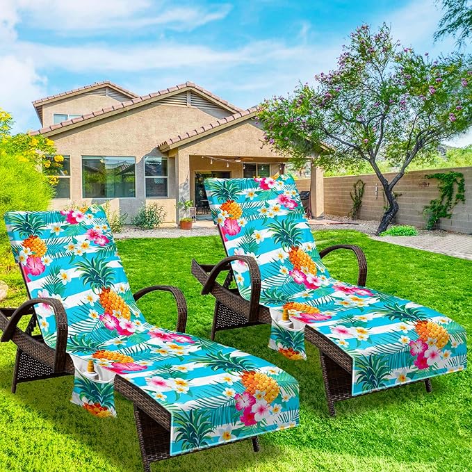 Beach Chair Cover with Side Pockets (1Pc), Thick and Quick Dry Lounge Chair Towel Cover for Sun Lounger Pool Sunbathing Garden Beach Hotel, No Sliding, Pineapple Theme