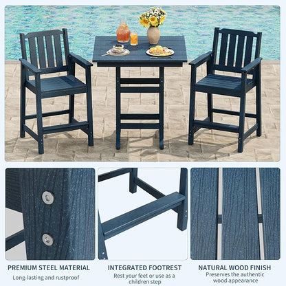 Garvee 3-Piece Outdoor Adirondack Bar Set, Patio Bar Table with 2 Bar Chairs, HDPE All-Weather Patio Bar Furniture Set with Umbrella Hole, for Balcony, Backyard, Poolside, Bistro