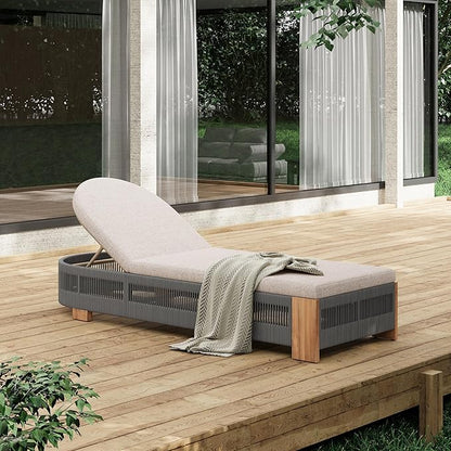 Merax Outdoor Chaise Lounge Chair with Adjustable Backrest & Waterproof Cushion - Acacia Wood Pool Sun Lounger for Patio, Beach, Yard, Garden, Grey