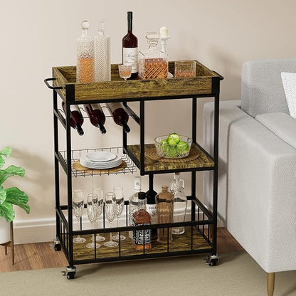 Bar Cart with Basket Wine Rack with Wheels Wood Metal Cart | Basket