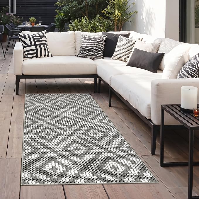 GENIMO Outdoor Rug 3'x5' Waterproof for Porch, Plastic Door Mat Cloud Grey | Outside Larger Modern Carpet Mat for Porch Decor, Deck, Balcony, Camping, RV, Backyard, Picnic, Beach, Reversible, Foldable