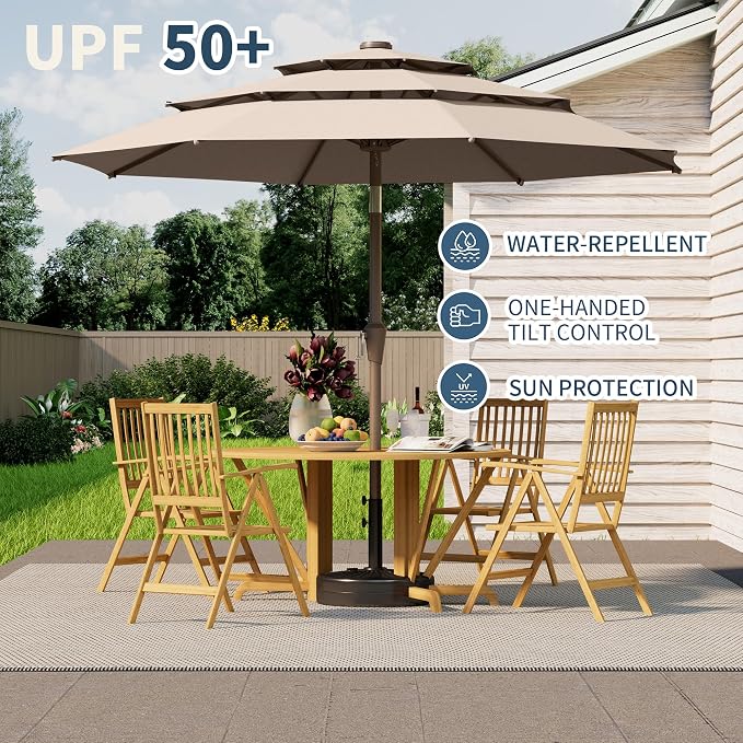 9FT 3 Tiers Patio Umbrella With Auto Tilt And Crank, Outdoor Table Market Umbrella with 8 Sturdy Ribs for Garden, Lawn, Deck, Backyard and Pool