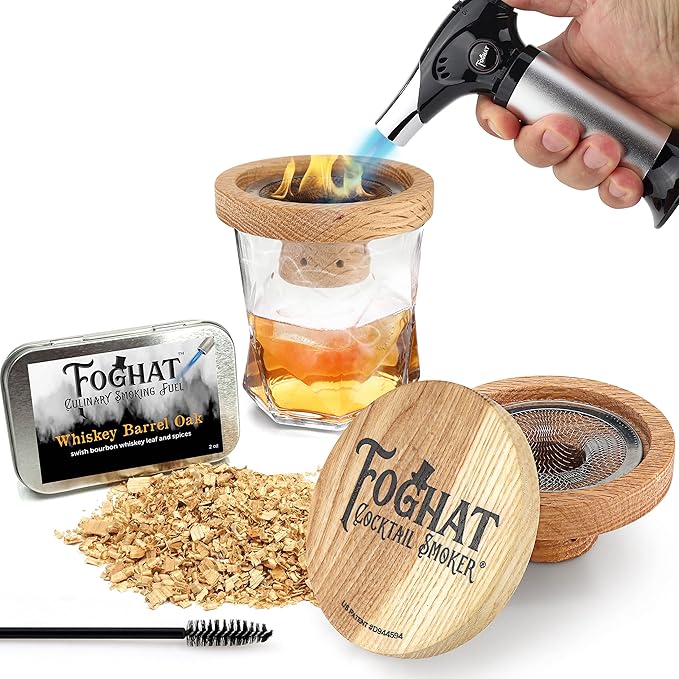 Foghat Cocktail Smoker Kit - Bourbon Barrel Oak Fuel Wood Shavings & Smoking Torch (No Butane) - Infuse Cocktails, Whiskey, Cheese & Meats