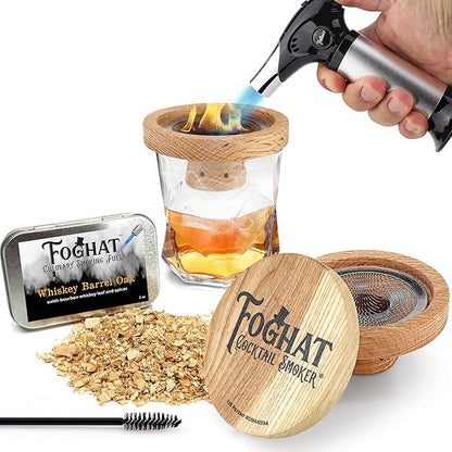 Foghat Cocktail Smoker Kit - Bourbon Barrel Oak Fuel Wood Shavings & Smoking Torch (No Butane) - Infuse Cocktails, Whiskey, Cheese & Meats