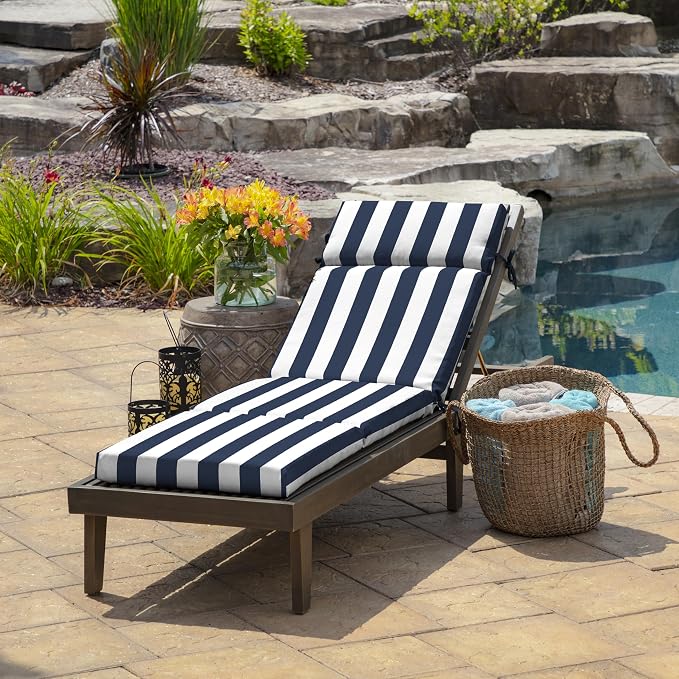 Arden Outdoor Chaise Cushion, 22x77, Blue Cabana Stripe | Lounge Cushion, Rain-Proof, Fade Resistant, Mold and Mildew Resistant