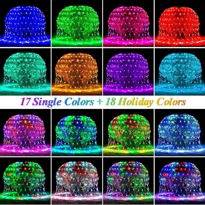 204 LED Net Lights, 35 Colors Changing Christmas Net Lights Outdoor, 9.8ft x 6.6ft Connectable Bush Mesh Light Clear Wire for Halloween Christmas Tree Holiday Wedding Party Gazebo Patio Decor