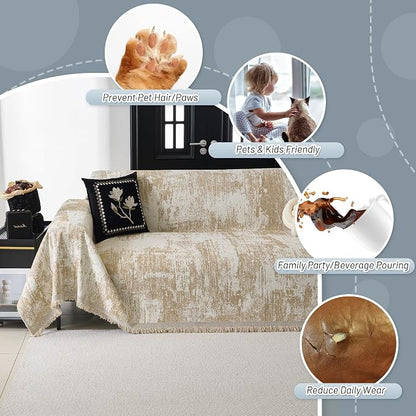 MYSKY HOME Couch Cover for Dogs Washable Couch Sofa Protector for Loveseat Sofa with Cats Pets Friendly Chenille Khaki Abstract Geometric Sofa Covers Soft Durable Farmhouse Sofa Slipcovers, 71" X102"