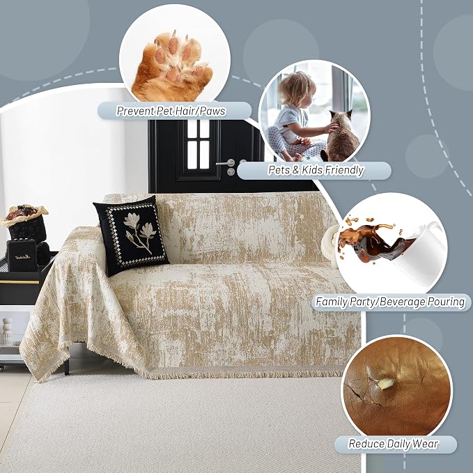 MYSKY HOME Sectional Couch Cover Khaki Geometric Abstract Sofa Covers for Sectional Sofa L Shape Chenille Couch Protector for Dogs Pets Couch Throw Cover Washable Durable for Home Decor, 71" X118"