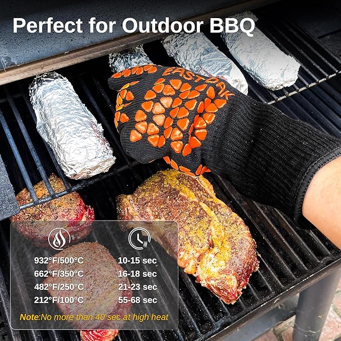East Oak BBQ Gloves, 1472℉ Heat Resistant Gloves, Silicone Non-Slip Grill Gloves for Smoker, Fire Pits, Barbecue, Cooking, Black