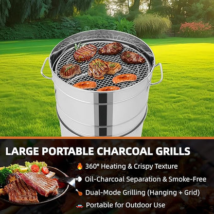 Large Stainless Steel Charcoal Hanging BBQ Grill, Charcoal Grills 360° Rotating Vertical Grill Portable Barbecue Barrel for Outdoor Cooking, Camping, Garden, Party