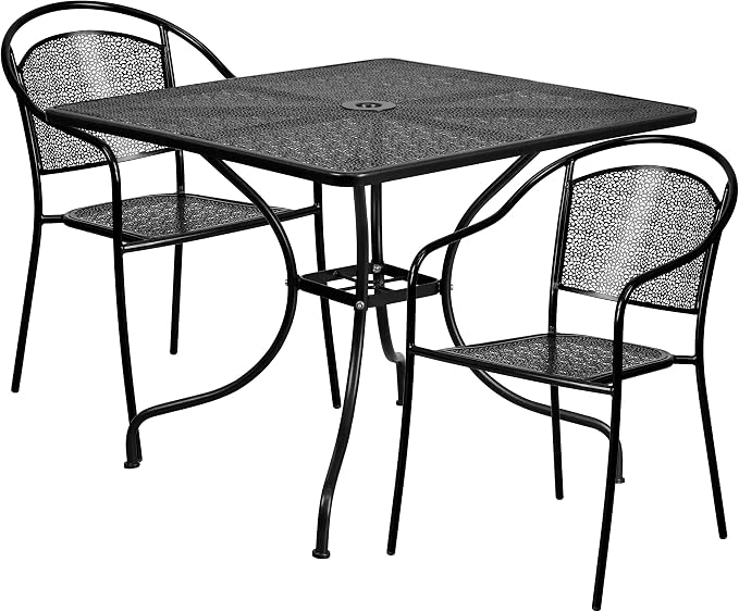 Flash Furniture 35.5" SQ Patio Table Set - 2 Round Back Chairs, Black | Commercial Grade, Indoor/Outdoor, Steel Frame, Resists UV Fading