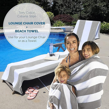 Superior Cabana Cotton Lounge Chair Cover, Outdoor Towel, Terry Cloth, Beach, Spa, Swim Accessories, Pool Chair Cover, Soft, Quick Drying, 32" x 102", Set of 2, Light Grey