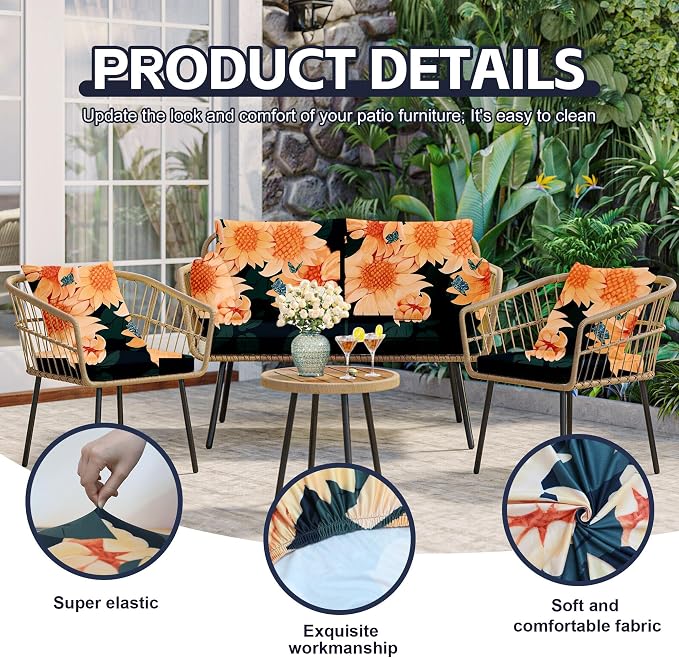 8Pcs Patio Cushion Covers, Outdoor Stretch Cushion Covers, Washable | Stretch Fit, Replacement, Washable and Reusable Furniture Protectors, Fits most patio furniture cushion covers, Cover Only