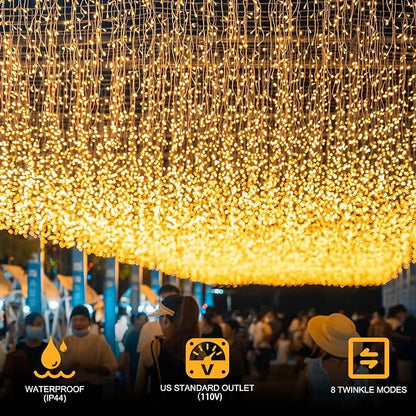 kemooie Outdoor Curtain Lights, 400 LED 26.2 x 3.3 FT Waterproof String Lights with 8 Modes, Fairy Curtain Lights for Backdrop Wedding Bedroom Balcony Party Decorations, Warm White