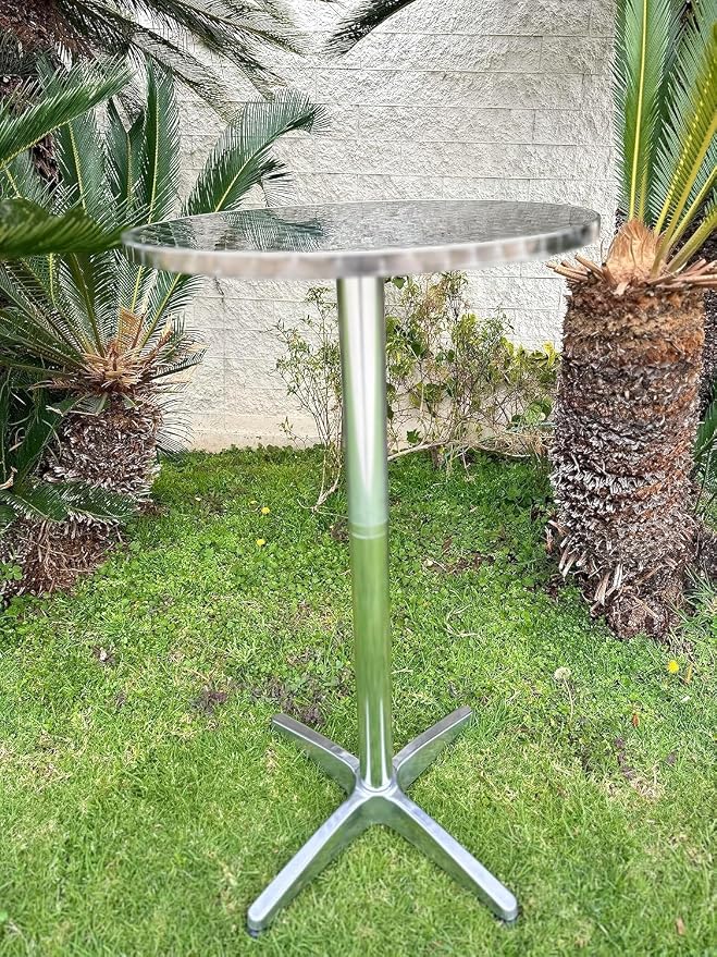 Set of 5 – 45" Bar Height Round Flip-Top Aluminum Tables with 23.75" Stainless Steel Surface, Commercial-Grade Indoor/Outdoor Furniture for Restaurants, Cafés & Patios, 25.75" Base
