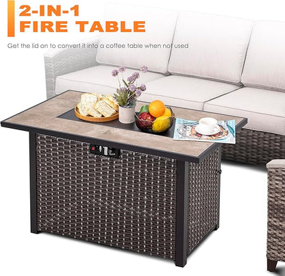 Nuu Garden Propane Fire Pit Table, CSA Certified 43 Inch 50,000 BTU Outdoor Gas Fire Pit Table with Ceramic Tabletop, 7 lbs Glass Stone and Oxford Cover, Dark Brown and Coffee