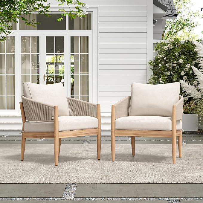 Christopher Knight Home Naomi Set of 2 Patio Acacia Wood Club Chair with Cushion, Handwoven Rope Lounge Chair Outdoor for Porch/Backyard, Stylish Garden Seating with Curved Backrest, Beige+Light Brown