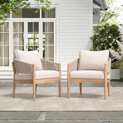 Christopher Knight Home Naomi Set of 2 Patio Acacia Wood Club Chair with Cushion, Handwoven Rope Lounge Chair Outdoor for Porch/Backyard, Stylish Garden Seating with Curved Backrest, Beige+Light Brown
