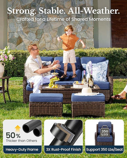 HILLGA Oversized Loveseat, Outdoor Sofa with High Back and 6-Inch Cushions | Patio Couch, Wicker Sofa, Outdoor Seating, Porch Furniture, Deck Couch, Luxury Furniture, Poolside Yard (Blue)