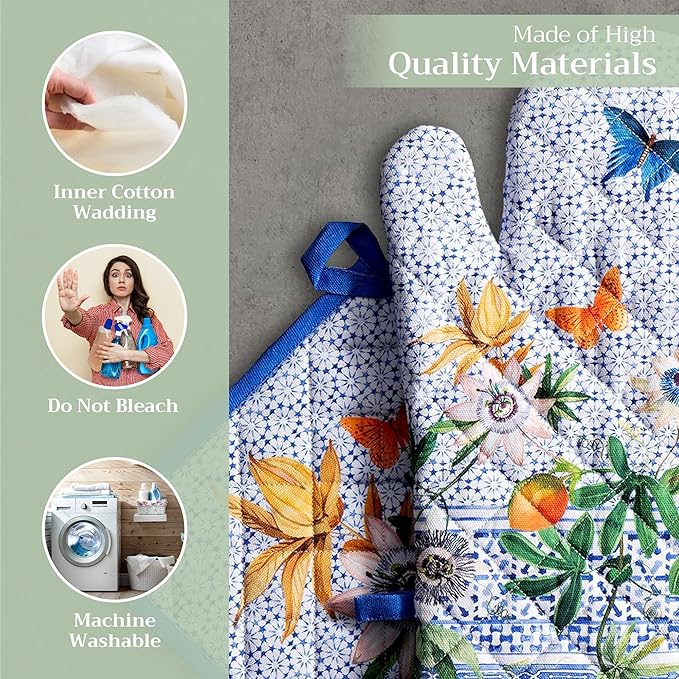 Maison d' Hermine 100% Cotton Oven Mitt & Pot Holder Set (7.5"x13" & 8"x8") Heat Resistant BBQ Cooking Gloves with Loop Baking Grilling Kitchen Hotel Home Farmhouse Spring Summer (Passiflora)