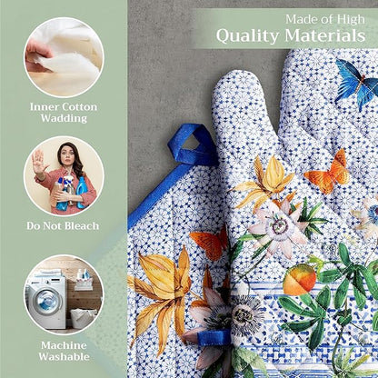 Maison d' Hermine 100% Cotton Oven Mitt & Pot Holder Set (7.5"x13" & 8"x8") Heat Resistant BBQ Cooking Gloves with Loop Baking Grilling Kitchen Hotel Home Farmhouse Spring Summer (Passiflora)