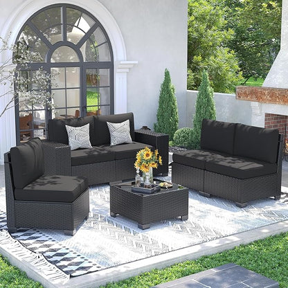 UDPATIO Patio Furniture Set, Outdoor Wicker Sectional Sofa with 8'' Wide Armrests, 6 Piece Modular Patio Conversation Set with Coffee Table for Backyard, Deck, Garden, Black