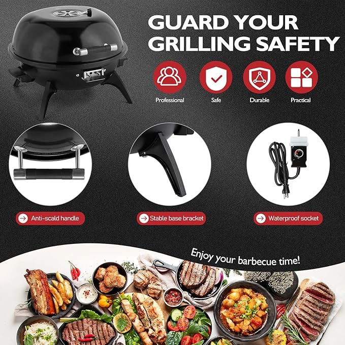 ROVSUN 1600W Vertical Electric Grill with Lid, Red 304 Stainless Steel Grill w/Detachable Pull-out Drip Tray, Double Layer Design, Portable & Removable, for Indoor and Outdoor Use (Black Tabletop)