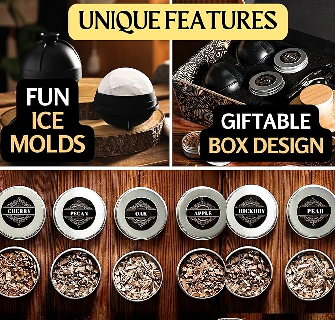 Cocktail Smoker Kit - Whiskey Bourbon Drink Smoker with Torch, Custom Top, 2 Ice Ball Makers, 6 Flavors Wood Chips, Extra Filter - Smokers for Whiskey Drinks - Cocktail Drink Smoking Kit
