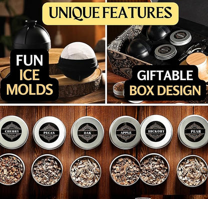 Cocktail Smoker Kit - Whiskey Bourbon Drink Smoker with Torch, Custom Top, 2 Ice Ball Makers, 6 Flavors Wood Chips, Extra Filter - Smokers for Whiskey Drinks - Cocktail Drink Smoking Kit