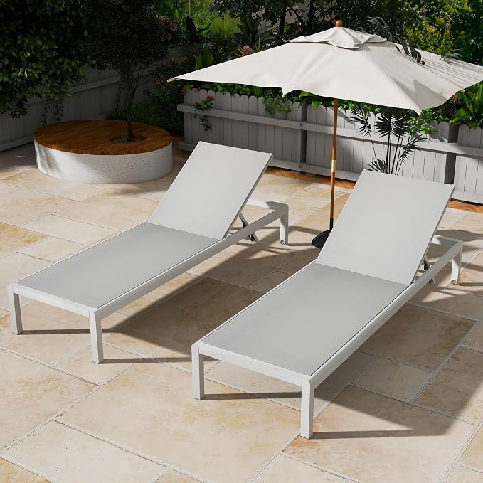 Christopher Knight Home Set of 2 Berton Outdoor Mesh Seat Chaise Lounge Chairs, Patio Adjustable Aluminum Frame Single Lounge Sofa, Poolside/Garden/Backyard Seating, All-Weather Furntiure, Gray+White