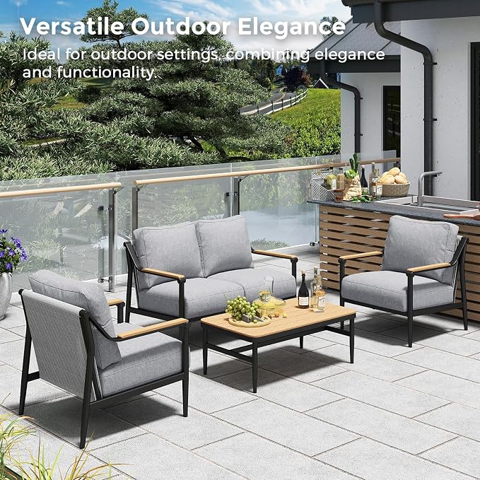 Jocoevol 4 Pieces Outdoor Sofa Conversation Set, 4 Seats Couch Set with Table, Metal Frame Rope Weaving Design UV Resistance Waterproof for Patio Garden Balcony, Grey