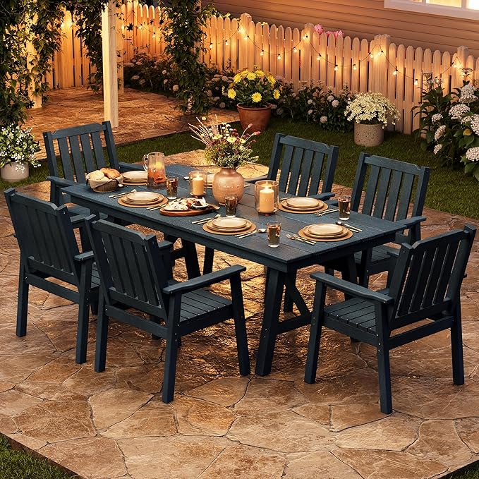 Outdoor Dining Chairs Set of 2, HDPE Patio Chairs 650LBS Capacity All-Weather Yard Armchair with Slatted Seat, 23.9" Wide Heavy Duty Modern Backyard Furniture for Garden, Poolside, Deck (Navy Blue)