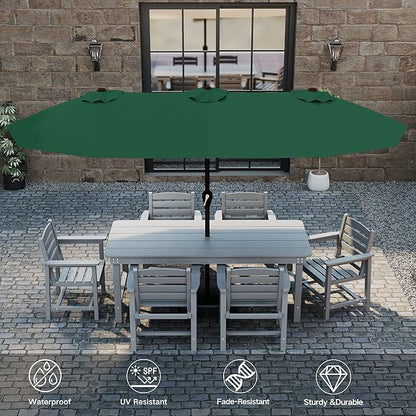 Kingdura 15ft Large Patio Umbrella with Solar Lights, Double-Sided Rectangle Outdoor Table Umbrella with Base Included, 12 Reinforced Ribs, 48 Led Lights, Crank Lift for Market Pool Deck, Dark green