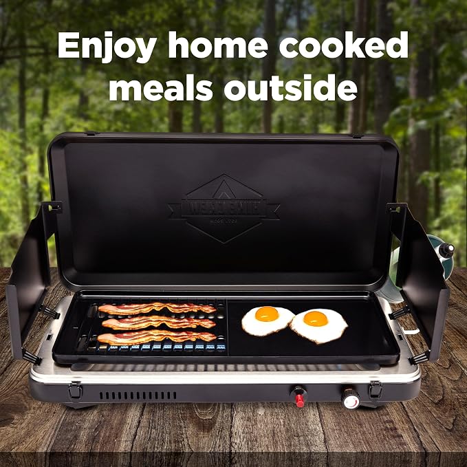 Hike Crew 2-in-1 Gas Camping Grill and Griddle Combo | 13,000 BTU Portable Propane Burner | Foldable Legs | Integrated Igniter & Included Regulator w/Drip Tray | Wind Panels & Built-in Carry Handle