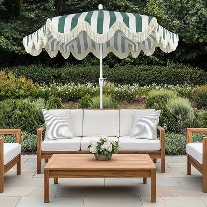 JONATHAN Y UMB1001 Collins 9 ft. Classic Cottage Tassel Market Patio Umbrella with Auto-Tilt, Crank, Wind Vent and UV Protection
