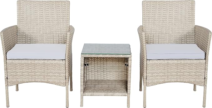 Outdoor Wicker Conversation 3 Piece Bistro Set Garden Patio Yard Porch Furniture Space Saving Pe Rattan 2 Chairs Cushions Side Storage Glass Table Gray/Cream 3pc
