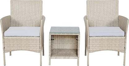 Outdoor Wicker Conversation 3 Piece Bistro Set Garden Patio Yard Porch Furniture Space Saving Pe Rattan 2 Chairs Cushions Side Storage Glass Table Gray/Cream 3pc