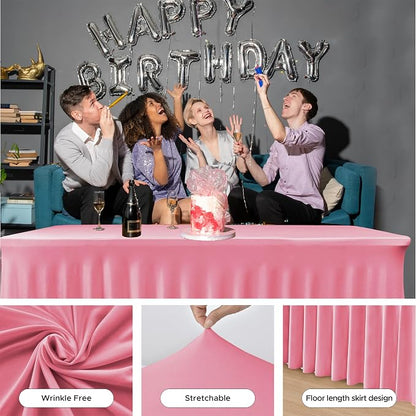 4 Pack Pink Spandex Table Covers 8ft Rectangle Ruffle Skirts for Party | Elastic Table Covers 8 Foot, Pleated Fitted Table Cloths, Wrinkle Resistant Elegant Table Skirts Wedding, Banquets
