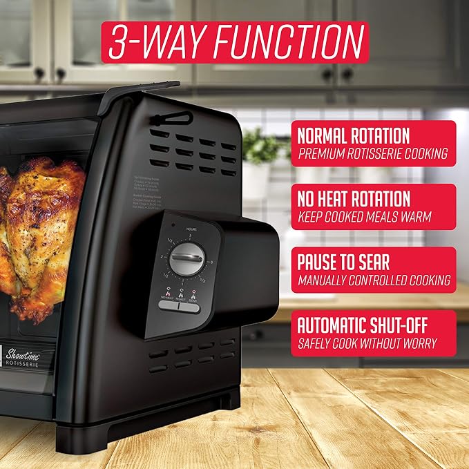 Ronco Showtime Large Capacity Rotisserie & BBQ Oven, Simple Switch Controls, Silicone Door Tie, Perfect Preset Rotation Speed, Self-Basting, Auto Shutoff, Includes Multipurpose Basket, black | Rotisserie chicken cooks perfectly, 3 functions - rotisseri...
